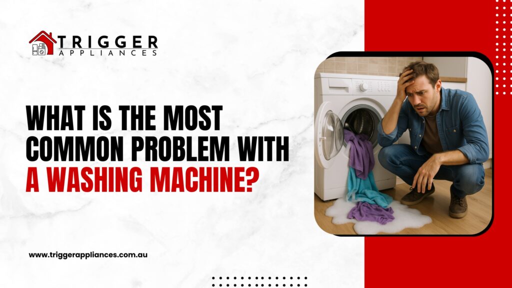 A frustrated man kneels beside a washing machine overflowing with soap and laundry. The text asks, "What is the most common problem with a washing machine?"