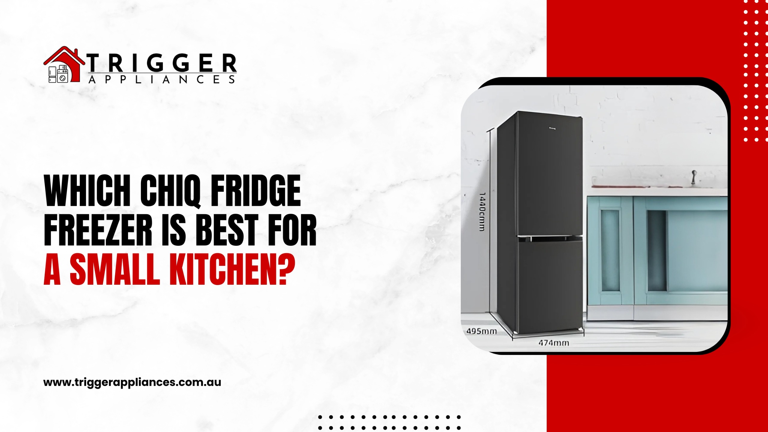 Article poster titled 'Which Chiq Fridge Freezer Is Best for a Small Kitchen?' showing a compact black CHiQ fridge freezer