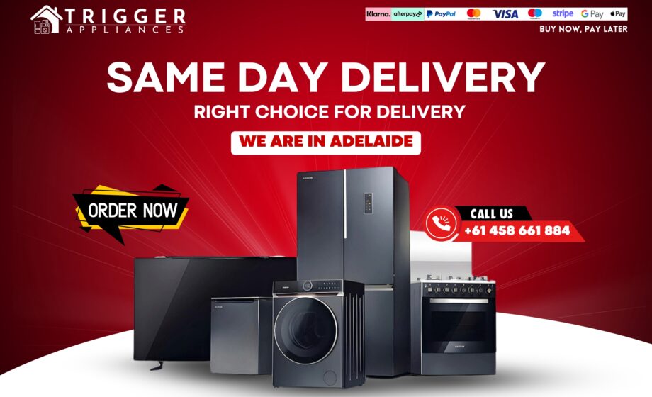 Trigger Appliances banner highlighting Same Day Delivery service in Adelaide. Features contact number and easy payment options.